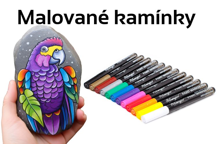 Papoušek namalovaný fixy na kamínek Artmagico